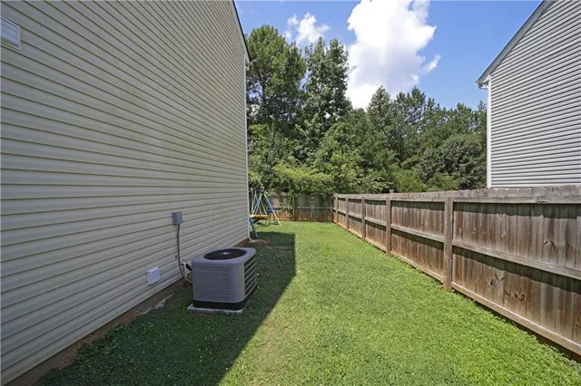 a garden view with a seating space
