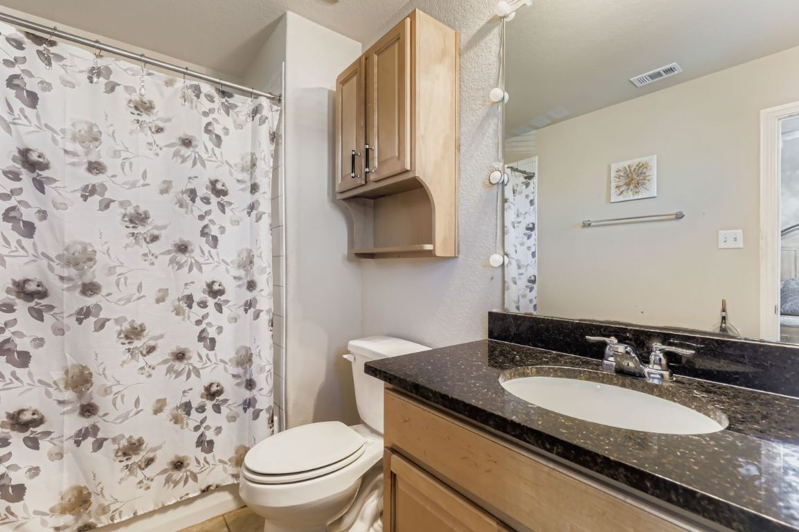 19433 Colgin Drive Pflugerville, TX 78660 - Photo 22 of 29 a bathroom with a granite countertop sink and a toilet
