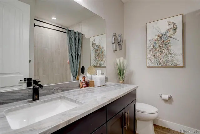 a bathroom with a sink a toilet and a large mirror