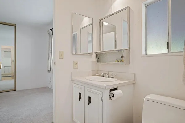 a bathroom with a sink toilet vanity and mirror