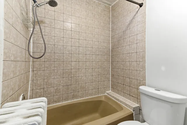 a bathroom with a shower and a toilet