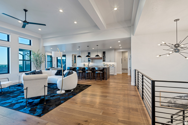 2145 North Main Street Centerville, UT 84014 - Photo 11 of 53 Living room featuring light wood-type flooring, hanging lights, and ceiling fan