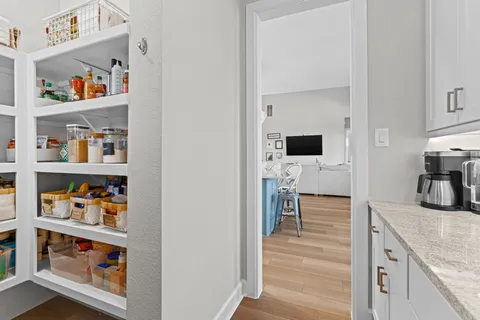 a view of dining room with wooden floor