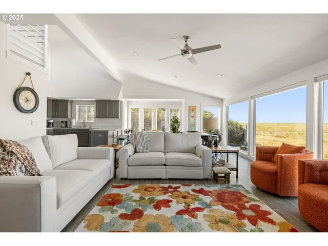 a living room with furniture ceiling fan and a rug