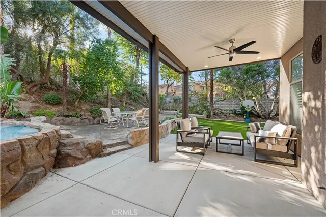 a building outdoor space with patio furniture