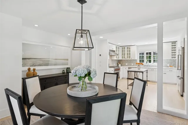 a view of a dining room with furniture