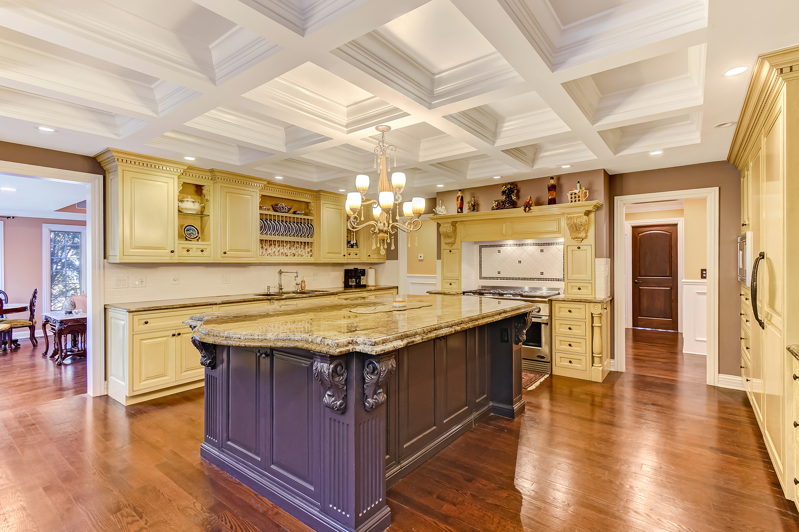 6116 South County Line Road Burr Ridge, IL 60527 - Photo 13 of 66 a kitchen with stainless steel appliances granite countertop a sink stove and wooden floor