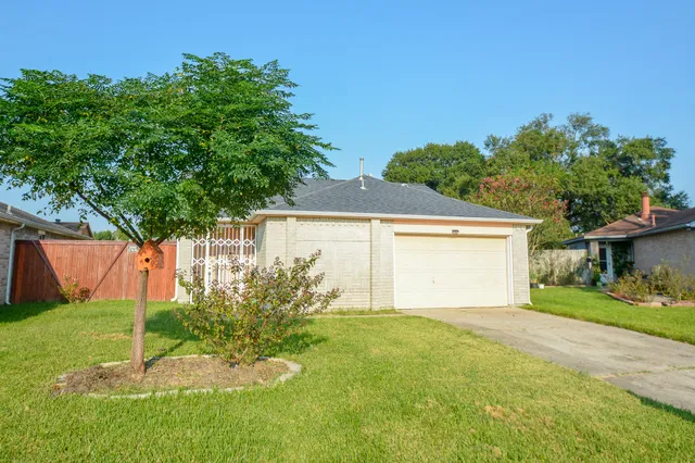 a backyard of a house with plants and palm tree