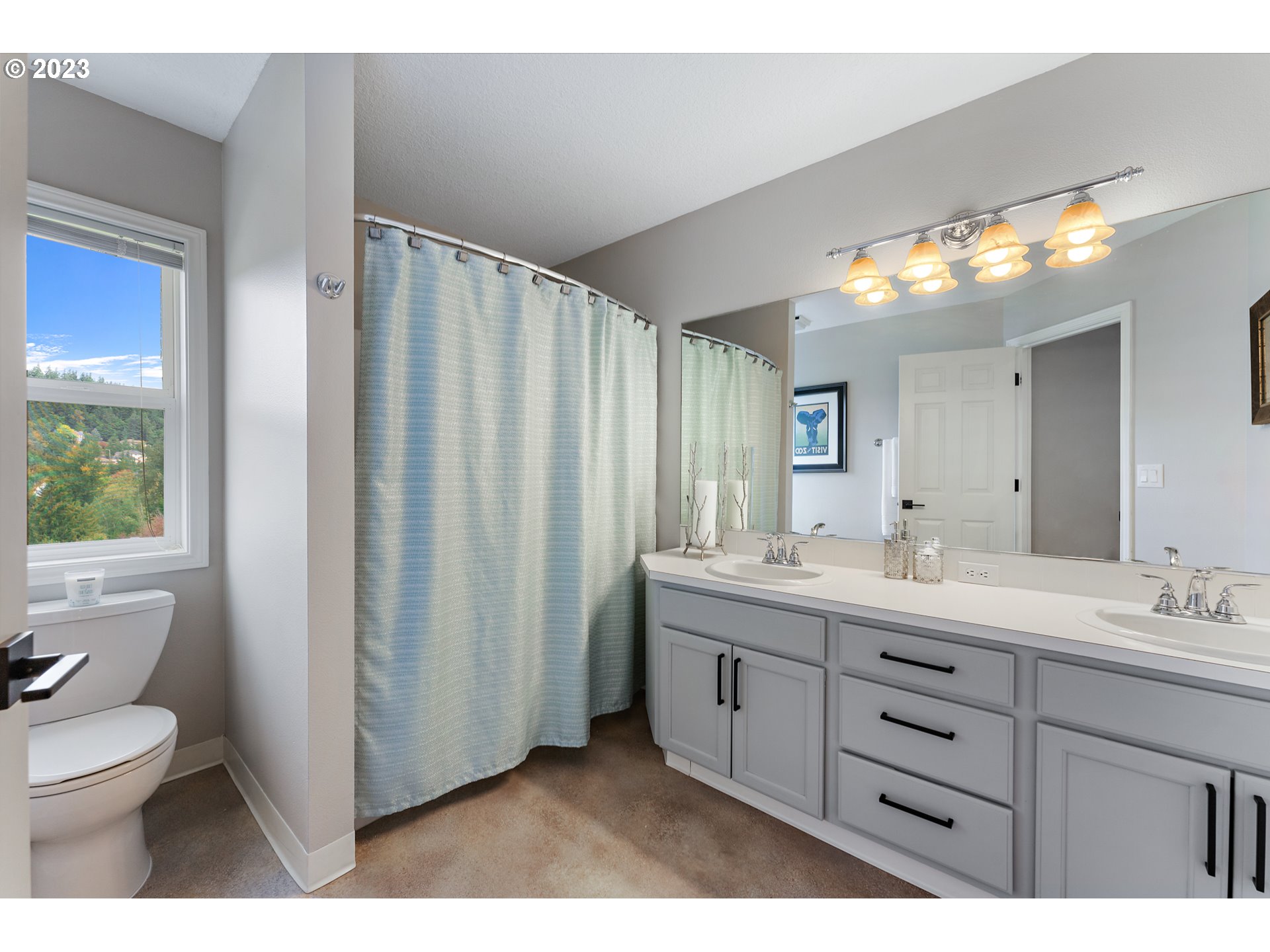 11561 Southeast Highland Loop Clackamas, OR 97015 - Photo 18 of 36 a bathroom with a double vanity sink toilet and a mirror