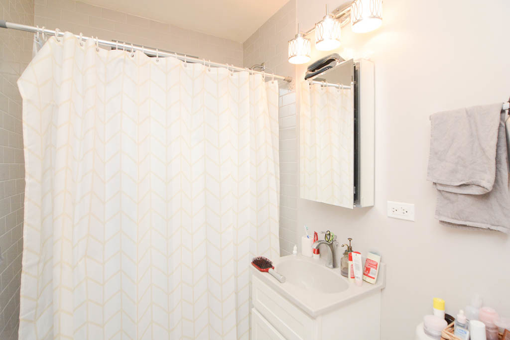 817 West Lakeside Place, Unit 408 Chicago, IL 60640 - Photo 13 of 17 a bathroom with a shower curtain and a sink