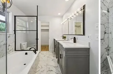 a bathroom with a tub sink and mirror
