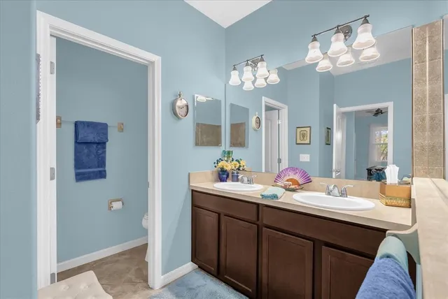 a bathroom with a sink vanity and a mirror