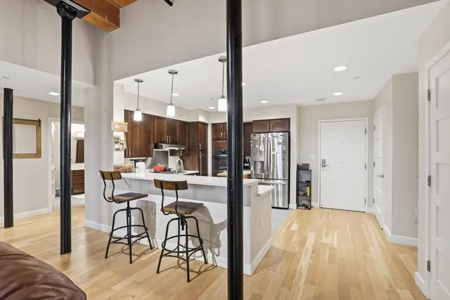 a view of a dining room with furniture