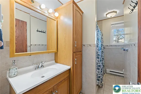 a bathroom with a sink a mirror and a shower