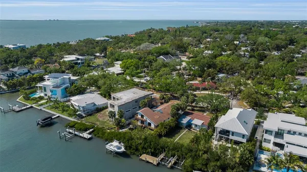 an aerial view of a house with a garden