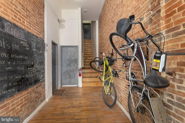 a bike parked in front of a building
