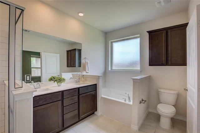 a bathroom with a toilet a sink a mirror and vanity