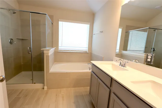 a bathroom with a tub sink shower and a mirror