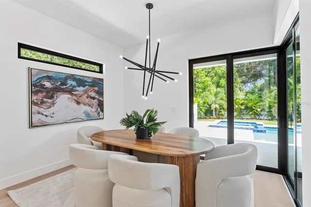a dining room with furniture a potted plant and a rug