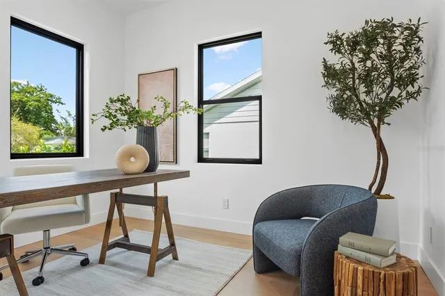 a living room with furniture and a potted plant