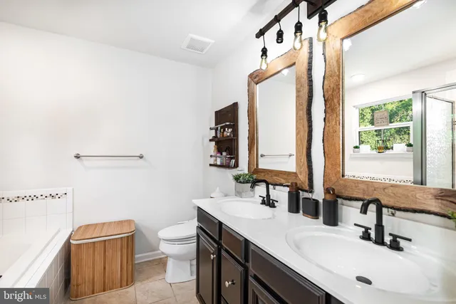 a bathroom with a double vanity sink toilet and a mirror