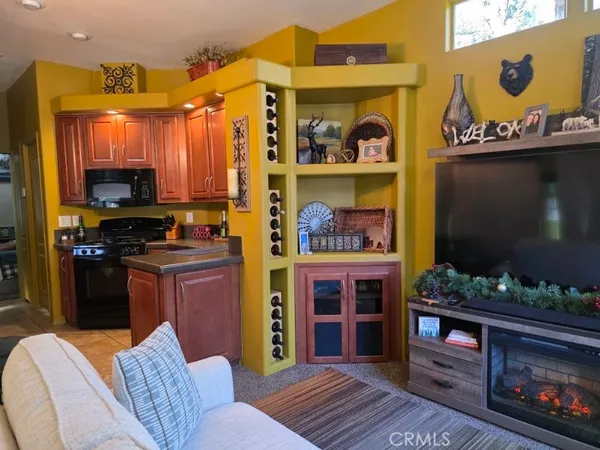 a living room with stainless steel appliances furniture a fireplace and a flat screen tv