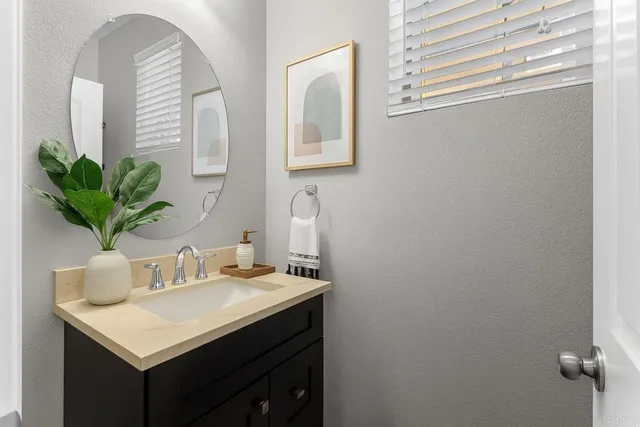 a bathroom with a sink a potted plant and a mirror