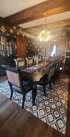 a view of a dining room with furniture
