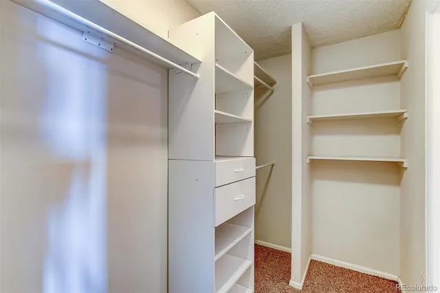 a view of walk in closet with empty racks