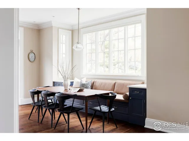 a view of a dining room with furniture and window