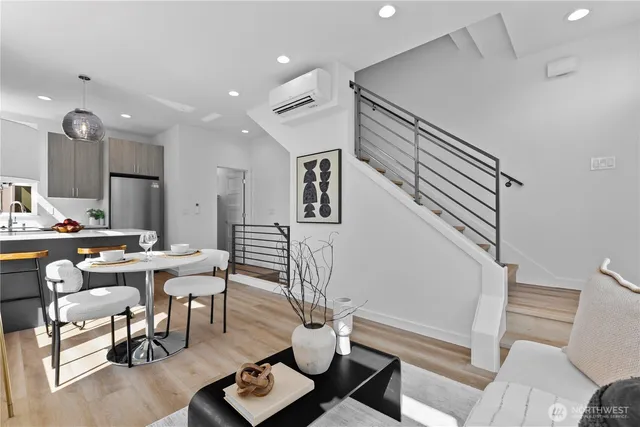 a view of a dining room with furniture