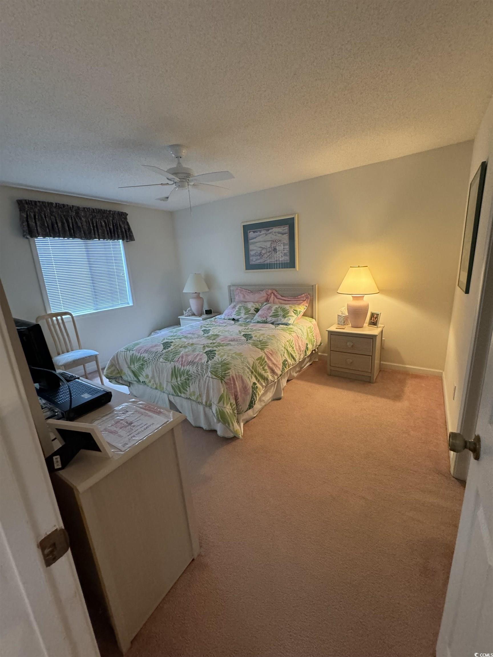1900 Duffy Street, Unit J4 North Myrtle Beach, SC 29582 - Photo 12 of 22 Bedroom featuring carpet flooring, a textured ceiling, and a ceiling fan