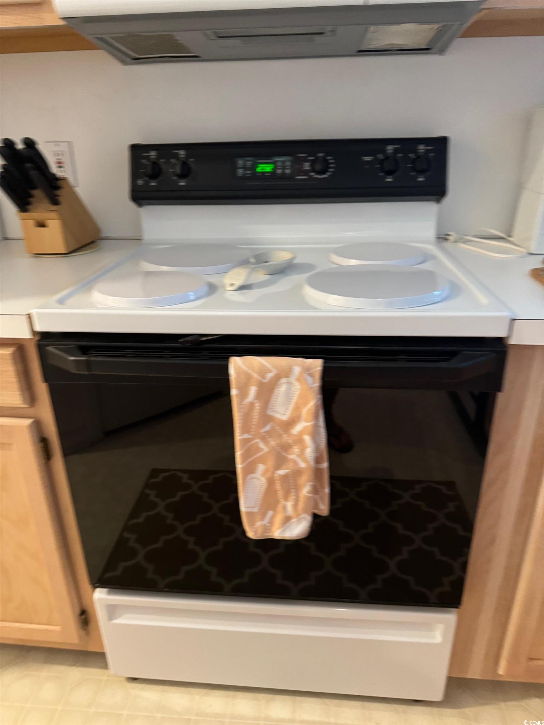 1900 Duffy Street, Unit J4 North Myrtle Beach, SC 29582 - Photo 7 of 22 Kitchen view of light countertops, ventilation hood, and white range with electric cooktop