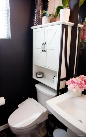 a bathroom with a sink vanity and a toilet