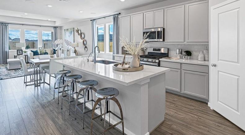 1364 Espada Street Haslet, TX 76052 - Photo 1 of 1 a kitchen with stainless steel appliances granite countertop white cabinets a stove a sink and a wooden floor