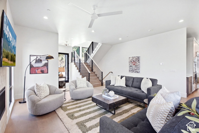 4092 Discovery Way Park City, UT 84098 - Photo 17 of 66 Open-concept living area with wood-finish flooring, recessed lighting, and a modern ceiling fan