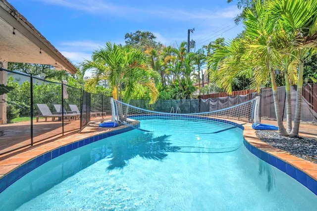 a view of a backyard with swimming pool