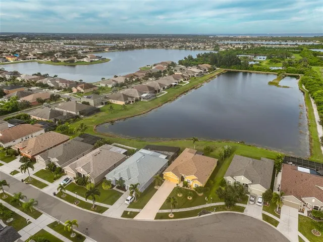 an aerial view of a house with a lake and lake view