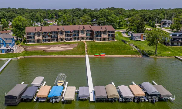 a view of a lake with a big yard