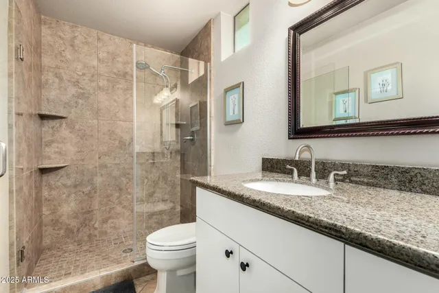 a bathroom with a granite countertop sink toilet and shower