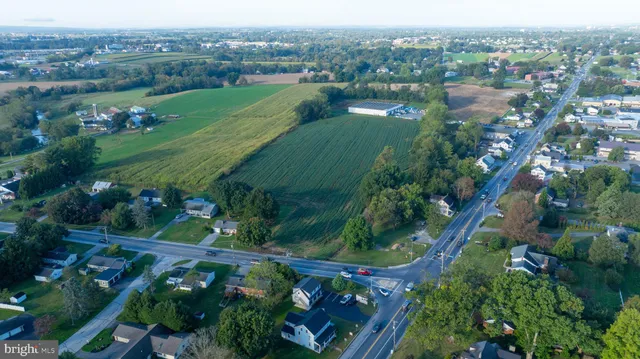 an aerial view of green landscape with trees houses and lake view