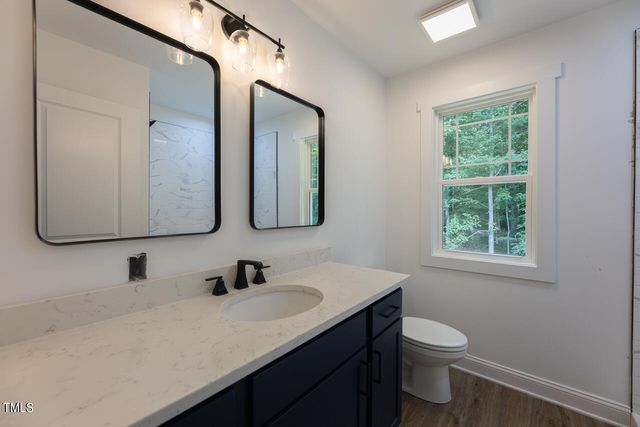 a bathroom with a toilet sink vanity and mirror