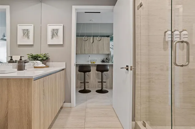 a view of a balcony with chair and table