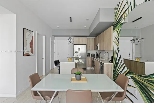 a view of a dining room with furniture