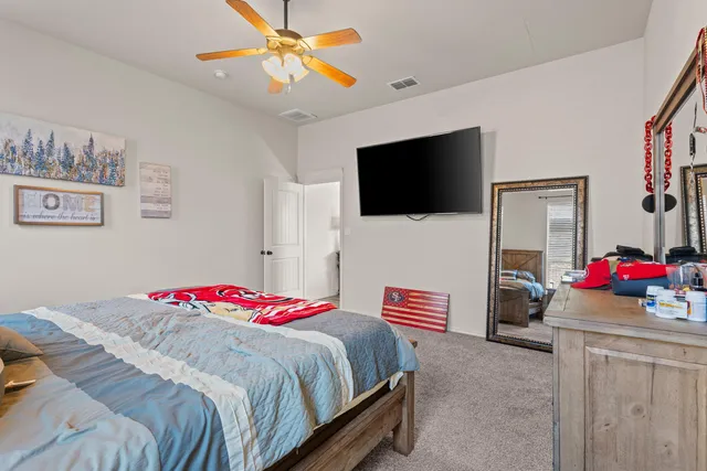 a bedroom with a bed and a flat screen tv