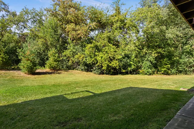 a view of yard with swimming pool and green space