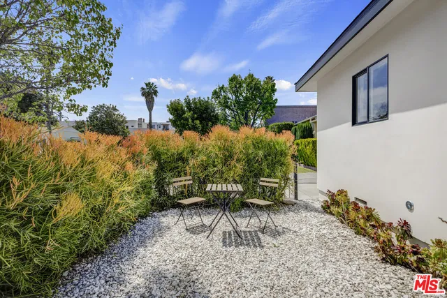 a view of a backyard with chairs potted plants and large tree