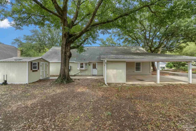 front view of a house with a large tree