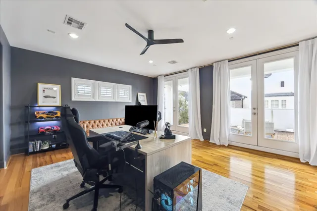 a workspace with furniture and window