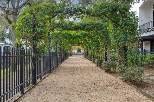 a view of a pathway of a park with plants and trees